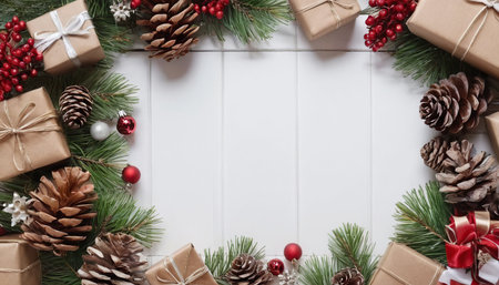 Christmas background with fir tree branches, gift boxes and decorations. Top view with copy spaceの素材