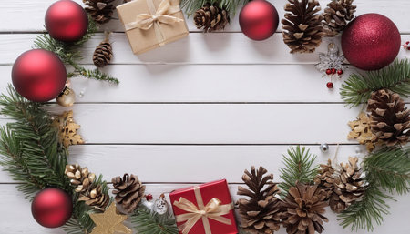 Christmas decorations on white wooden background. Top view with copy space.の素材