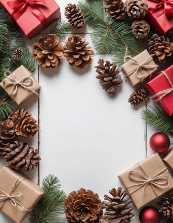 Christmas or New Year background with fir branches, pine cones, gift boxes and red balls on white wooden boardの素材