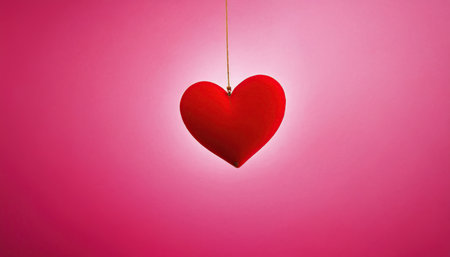 Red heart hanging on a string on a pink background with copy spaceの素材