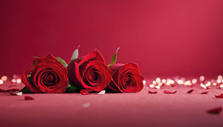Red roses on red background. Valentines day background. Love concept.の素材