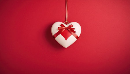 White heart with red ribbon on red background. Valentines day concept.の素材