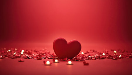 Valentine's Day background with red heart on red background.の素材