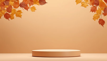3d rendering of beige podium with autumn leaves on the backgroundの素材