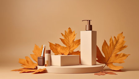 3d render of cosmetic products for skin care with autumn leaves.の素材