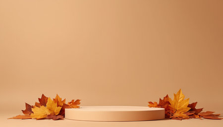 3d render of podium for product display with autumn leaves on pastel backgroundの素材