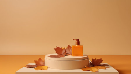 3d render of orange cosmetic bottle and autumn leaves on podium.の素材
