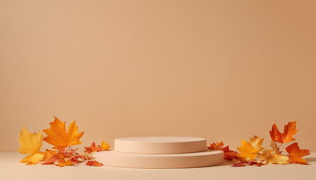 3d render of autumn background with leaves and podium for product displayの素材
