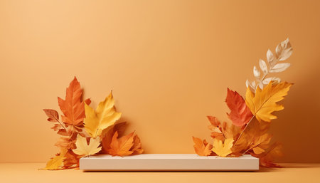 3d render of autumn leaves on podium for product presentation and advertising.の素材