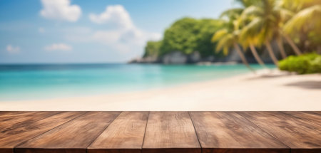 Wooden table top on blur tropical beach background - can be used for display or montage your productsの素材