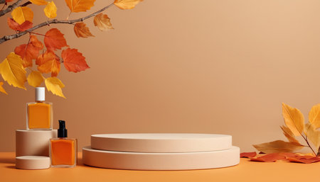 3d render of product display podium with autumn leaves background. Minimal concept.の素材