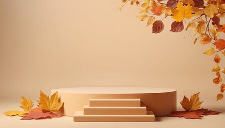 3d render of minimal product display podium with autumn leaves background.の素材