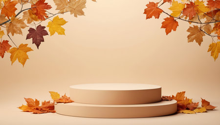 3d render of abstract background with autumn leaves and round podium.の素材