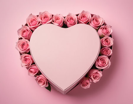Heart shaped box with pink roses on pink background, valentines day conceptの素材