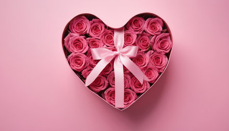 Pink roses in heart shaped box on pink background, valentine day conceptの素材