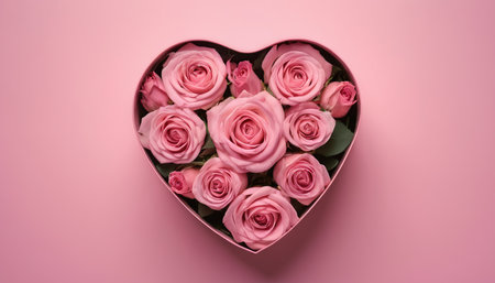 Pink roses in a heart shaped box on a pink background, top viewの素材