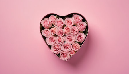 Pink roses in a heart shaped box on a pink background, top viewの素材
