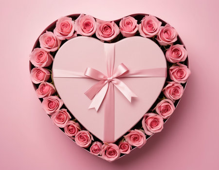Heart shaped box with pink roses on pink background, top view.の素材