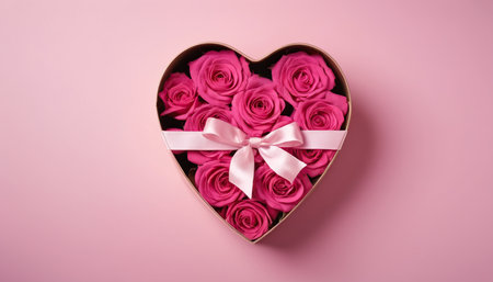 Pink roses in a heart shaped box on a pink background. Valentine's Day.の素材