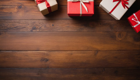 Christmas gift boxes on wooden background. Top view with copy space.の素材