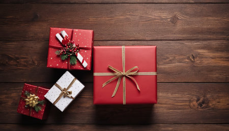 Gift boxes on wooden background. Top view with copy space.の素材