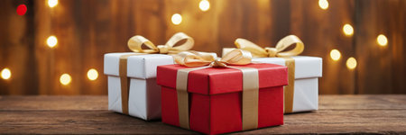 Gift boxes on wooden table against defocused lights. Banner with copy spaceの素材