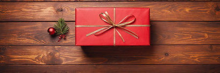 Red gift box on wooden background. Top view with copy space.の素材