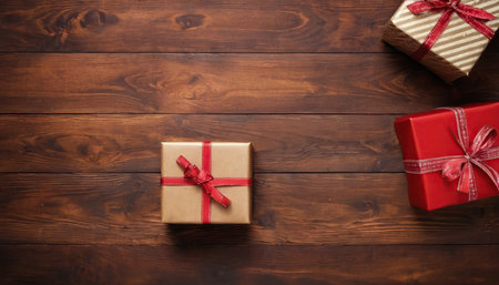 Gift boxes on wooden background. Top view with copy space.の素材