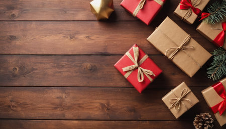 Christmas gift boxes on wooden background. Top view with copy space.の素材