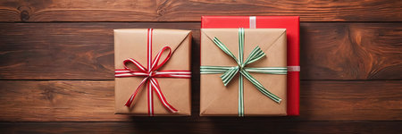 Gift boxes on wooden background. Top view. Copy space.の素材