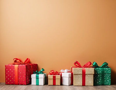 Colorful gift boxes with ribbons on wooden floor against orange wallの素材
