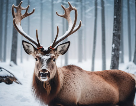 Deer in the winter forest. Christmas and New Year background.の素材