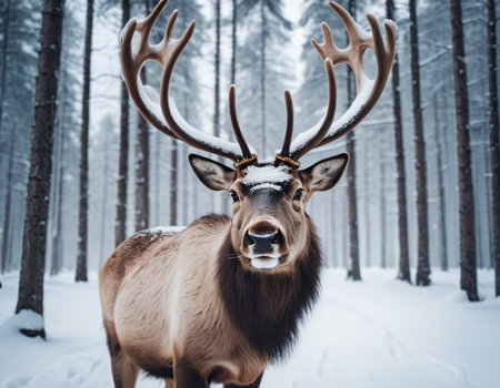 Reindeer in the winter forest. Beautiful deer in the forest.の素材