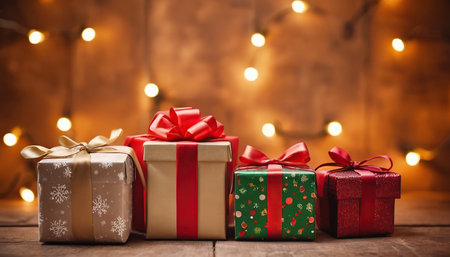 Christmas gifts on wooden table with bokeh lights on background.の素材