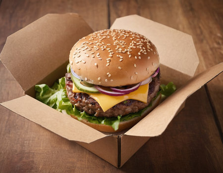 Delicious hamburger in cardboard box on wooden table, closeupの素材