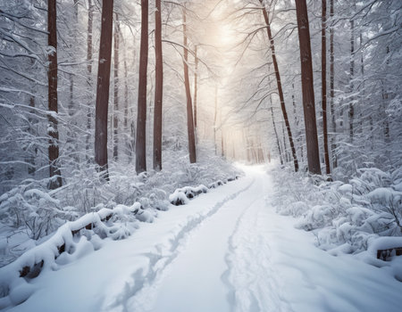 Winter forest with snow covered trees and path in the rays of the sunの素材
