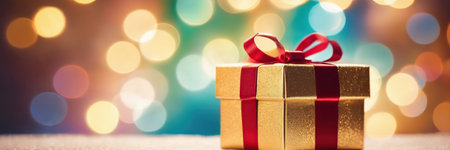 Gift box on bokeh background. Christmas and New Year concept.の素材