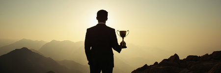 Silhouette of a businessman holding a trophy against sunrise over mountainsの素材