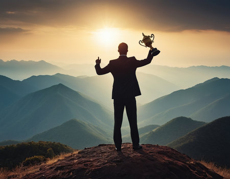 Businessman holding a trophy on the top of the mountain. Success conceptの素材