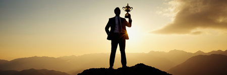 Silhouette of a businessman standing on top of a mountain and holding a golden trophyの素材