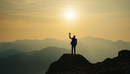 Silhouette of successful businessman standing on top of mountain and holding trophyの素材