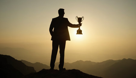 Silhouette of a businessman holding a trophy on top of a mountainの素材