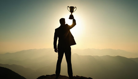Silhouette of a businessman holding a trophy on the top of a mountainの素材