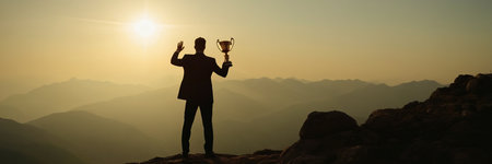 Silhouette of a man holding a trophy on top of the mountainの素材