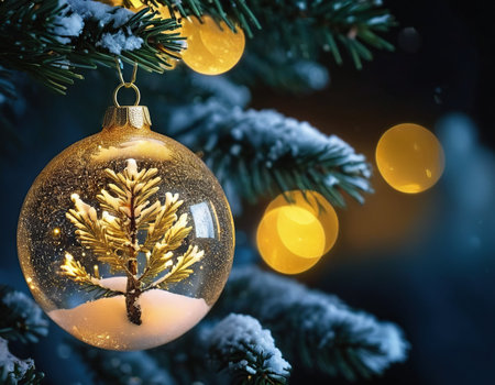 Christmas tree branch with golden glass ball on bokeh lights backgroundの素材