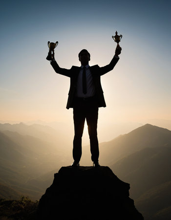 Silhouette of a businessman holding a trophy on the top of the mountainの素材
