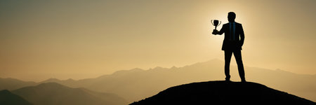 Silhouette of a businessman with a glass of champagne against mountainsの素材