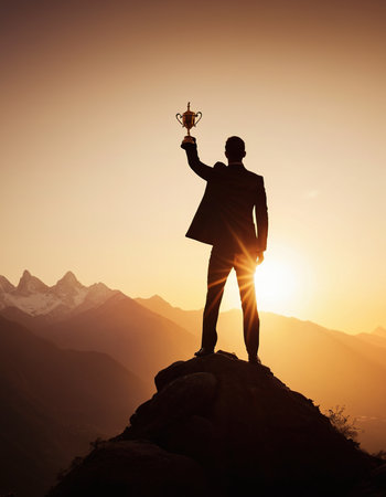 Silhouette of a businessman with a trophy on top of the mountainの素材
