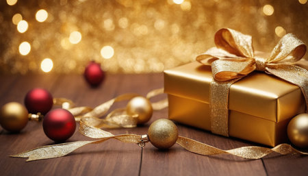 Christmas gift box with golden ribbon and christmas balls on bokeh backgroundの素材