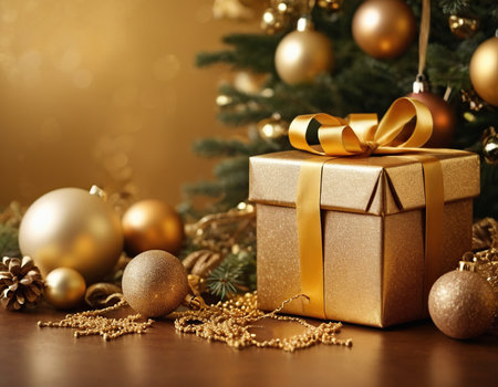 Golden gift box and christmas tree on brown background with bokehの素材